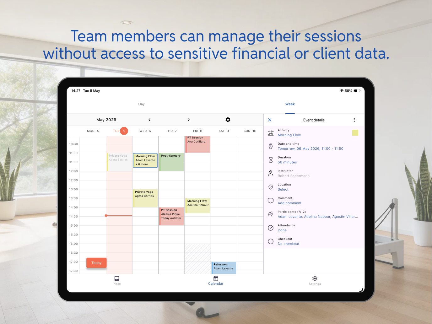 Bobclass Team app showing the weekly calendar view with classes and event details panel open on iPad