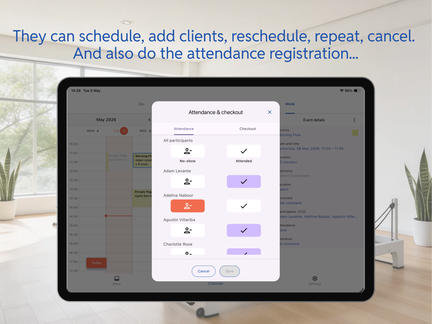 Bobclass Team attendance and checkout panel showing client attendance status for a class
