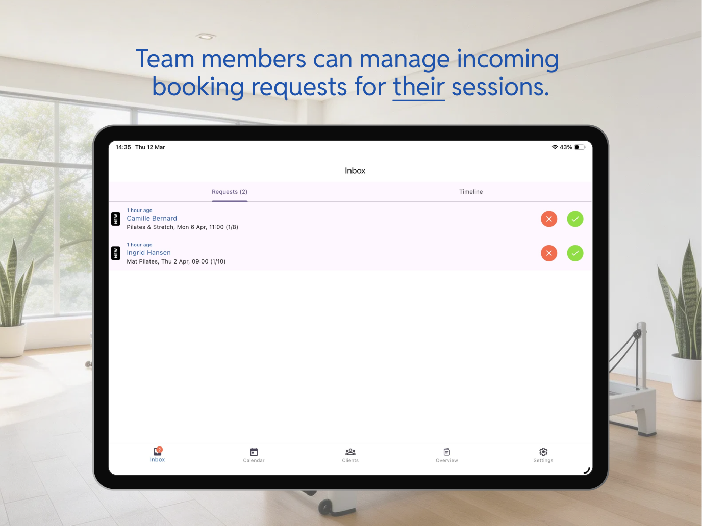 Bobclass Team inbox showing incoming booking requests for the instructor's sessions