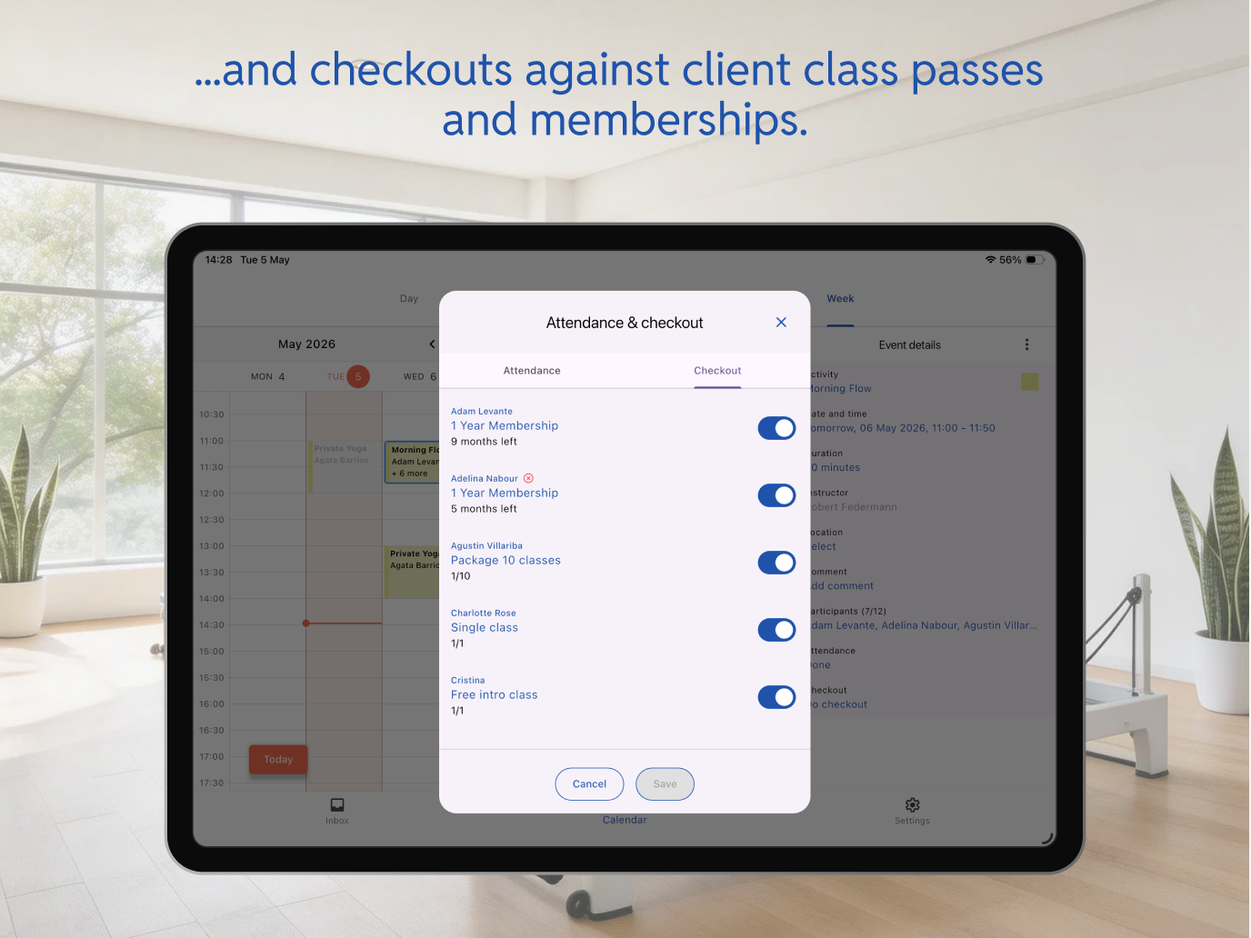 Bobclass Team checkout panel showing deduction against a client's class pack or membership