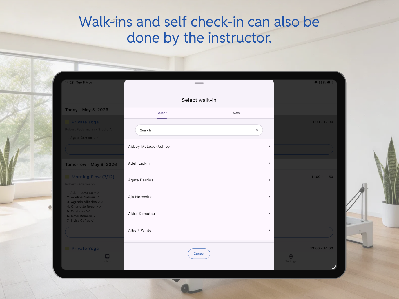 Bobclass Team walk-in selection screen allowing the instructor to add a client to a class