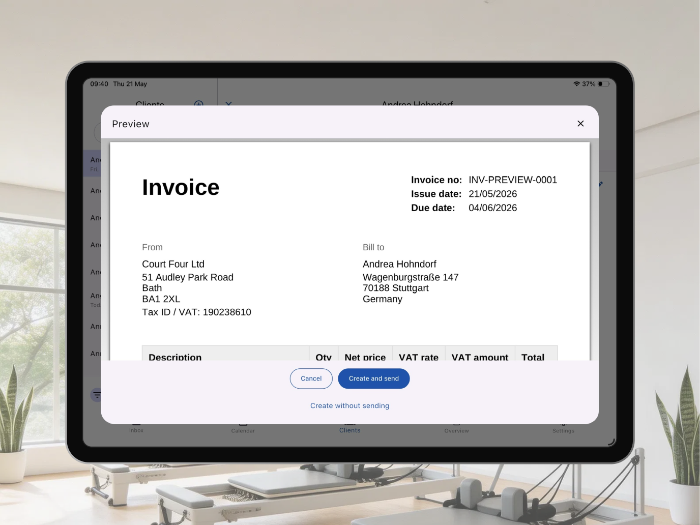 Bobclass PDF invoice preview showing a formatted invoice with IBAN payment details